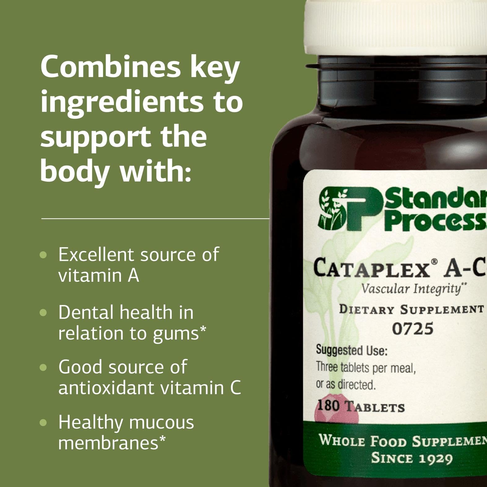 Standard Process Cataplex A-C-P nutrition facts panel with nutrients for vascular support.