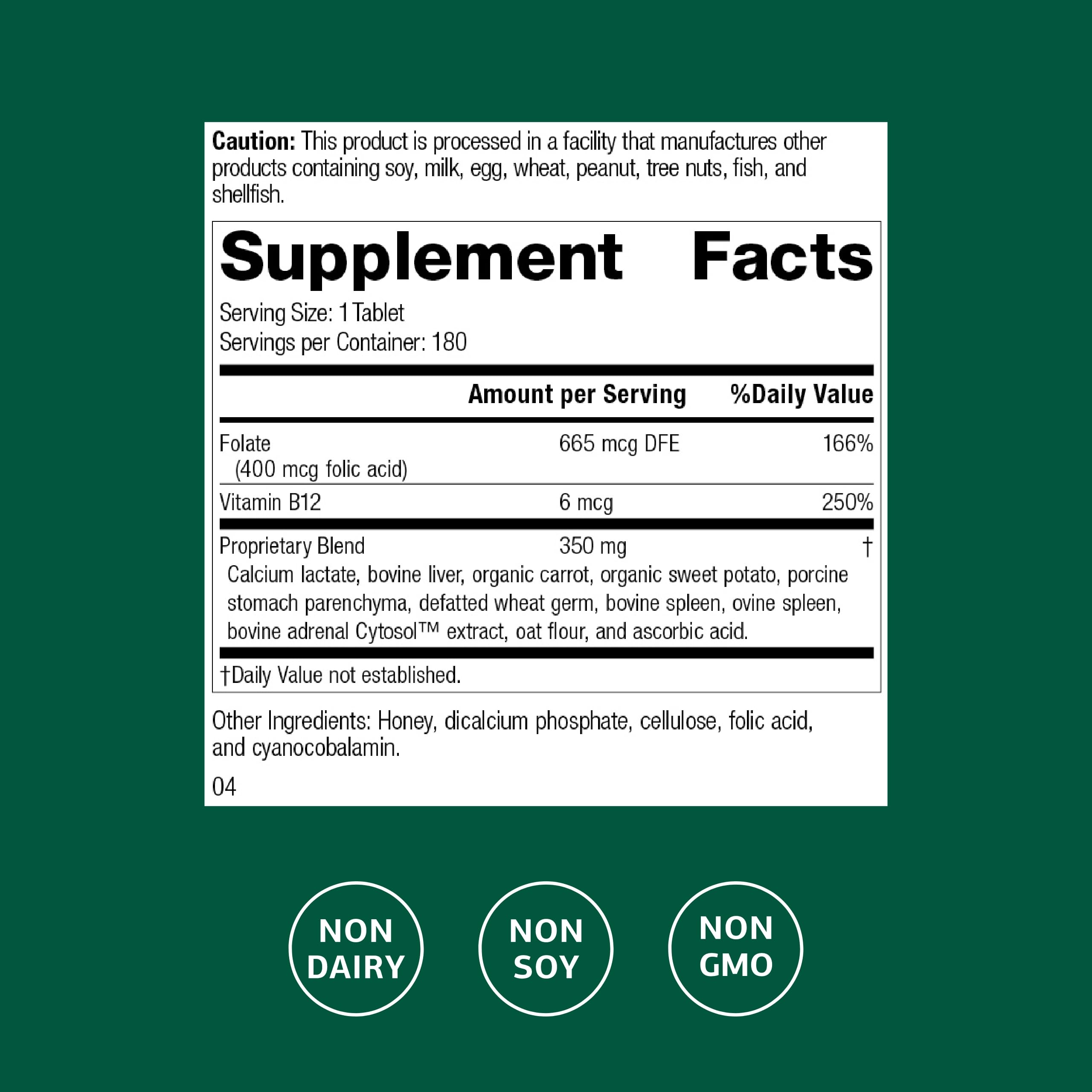 Standard Process Folic Acid B12-180 tablets close-up highlighting texture and easy dosing.