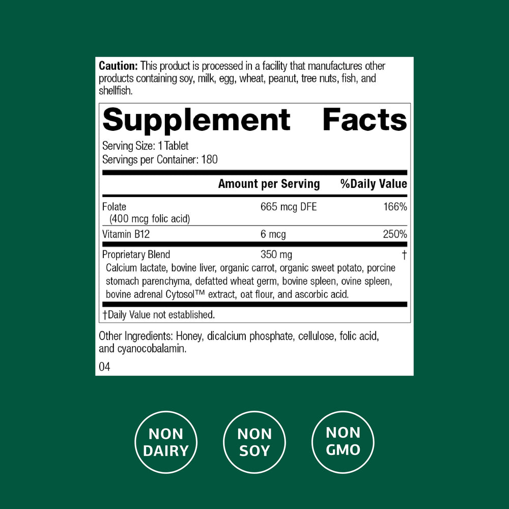 Standard Process Folic Acid B12-180 tablets close-up highlighting texture and easy dosing.