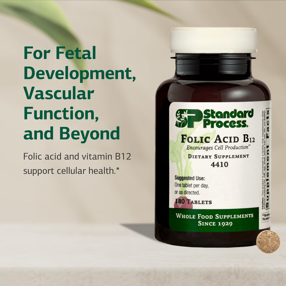 Standard Process Folic Acid B12-180 bottle on a kitchen counter for daily use.