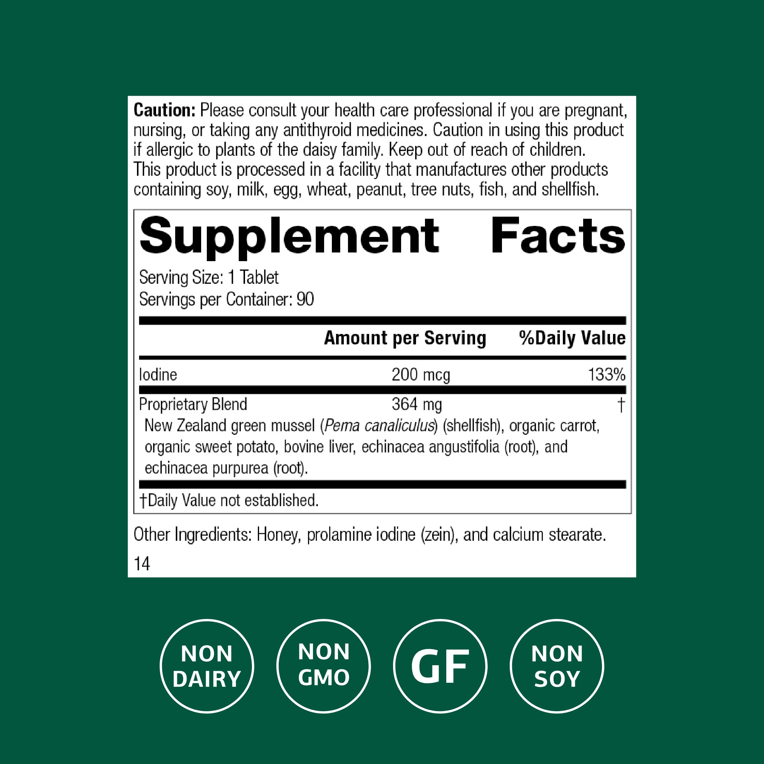 Standard Process Iodomere bottle back label highlights gluten-free, non-dairy, non-soy formula.