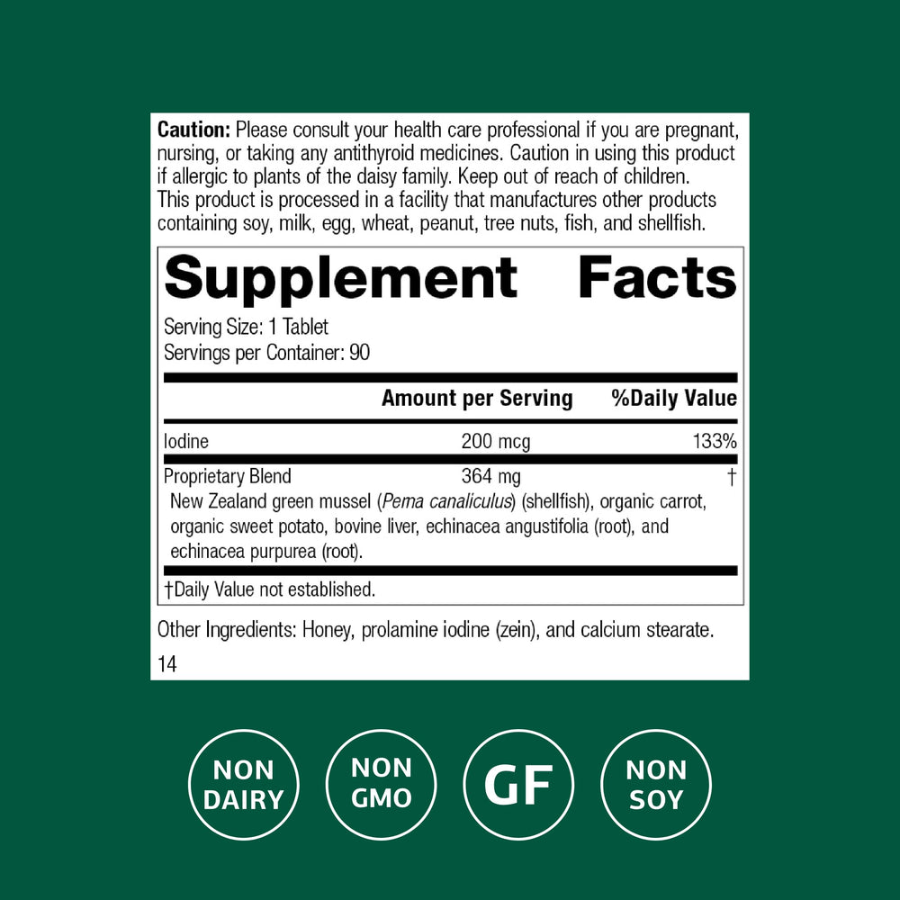 Standard Process Iodomere bottle back label highlights gluten-free, non-dairy, non-soy formula.