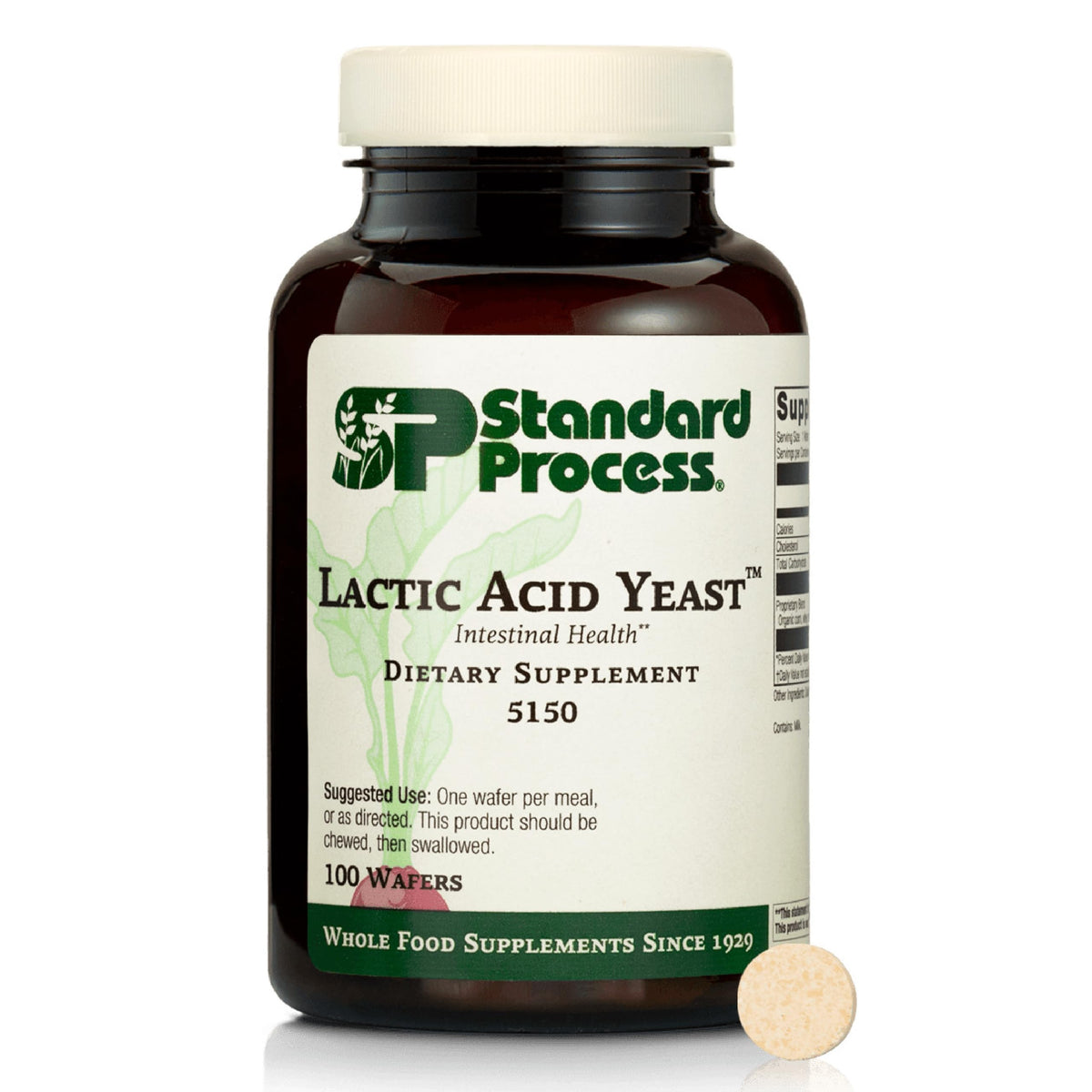 Standard Process Lactic Acid Yeast bottle front with vegan gut support messaging.