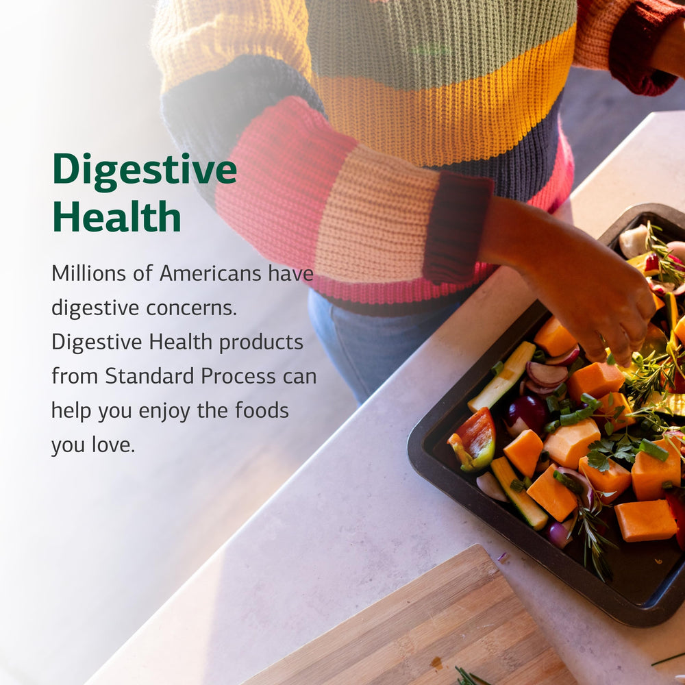 Ingredients panel highlighting vegetarian, non-soy profile for gut health.