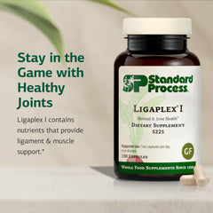 Standard Process Ligaplex I bottle pour image showing easy daily capsule intake.