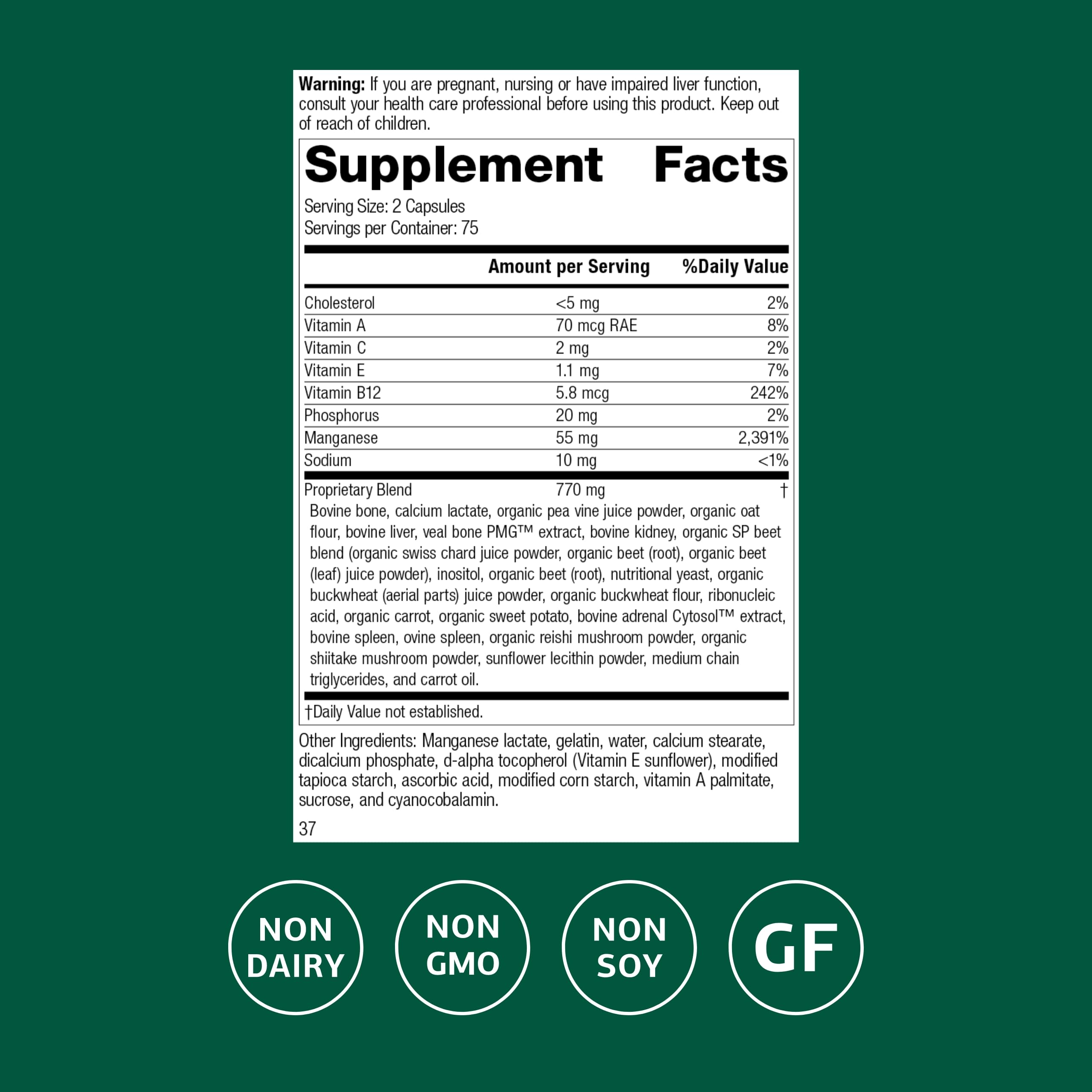 Standard Process Ligaplex I capsules close-up illustrating gluten-free, non-dairy formulation.