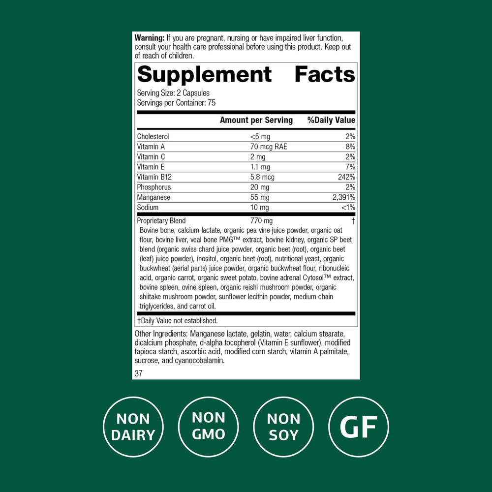 Standard Process Ligaplex I capsules close-up illustrating gluten-free, non-dairy formulation.