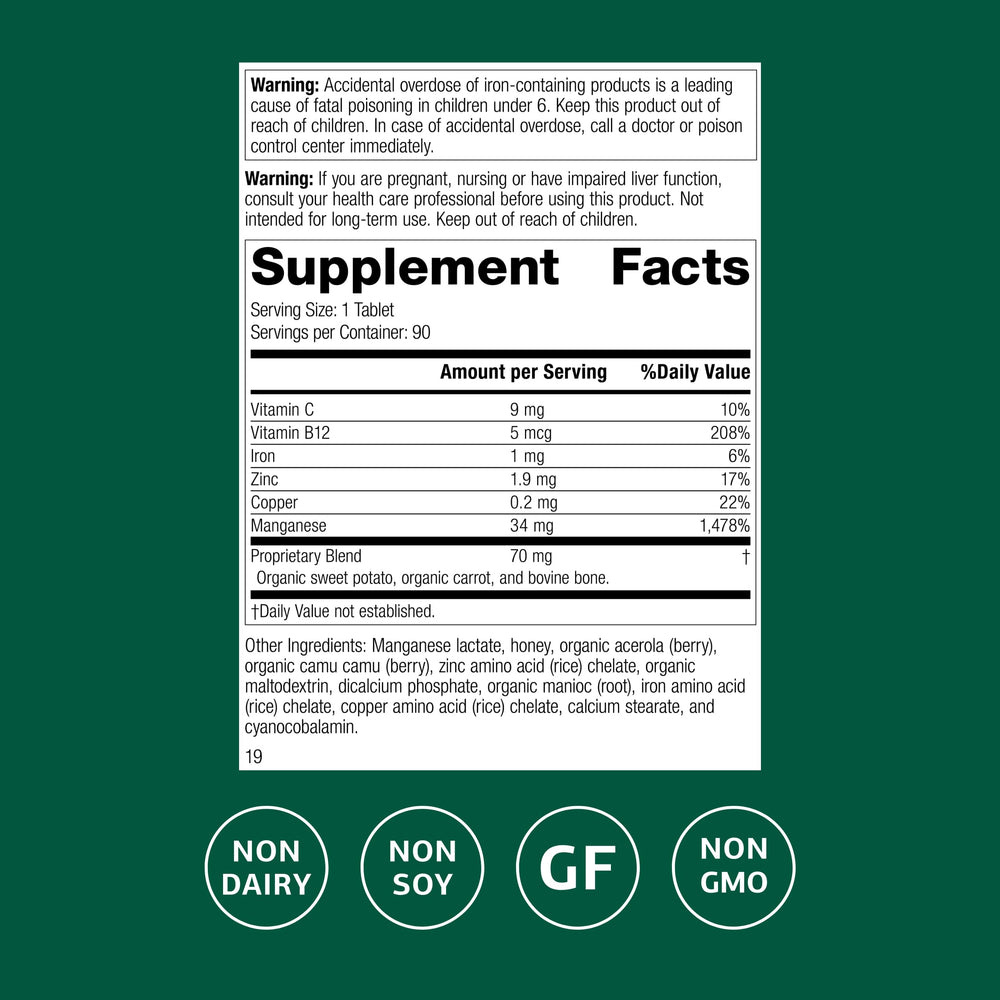 Standard Process Manganese B12 bottle pour shows easy serving and on-the-go convenience.