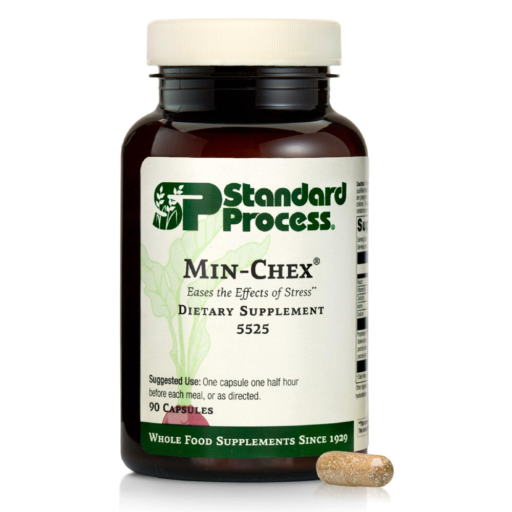 Standard Process Min-Chex bottle pour shows convenient capsules for daily nervous system support.