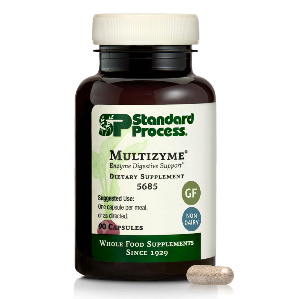 Standard Process Multizyme bottle cap shown for daily digestion routine.