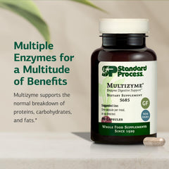 Standard Process Multizyme label packaging reveals ingredients and usage guidance.
