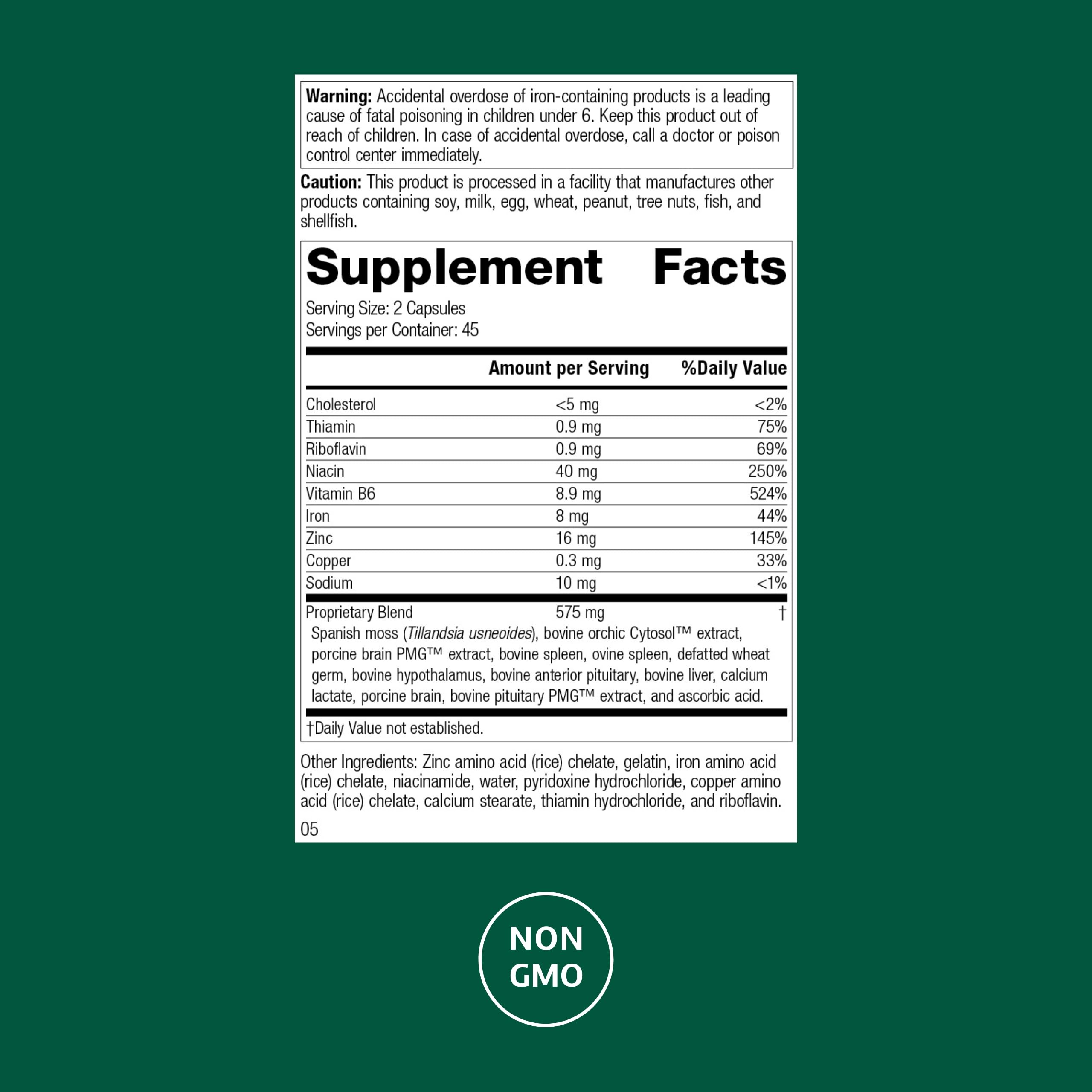 Standard Process Neuroplex bottle label close-up emphasizes vitamins and minerals