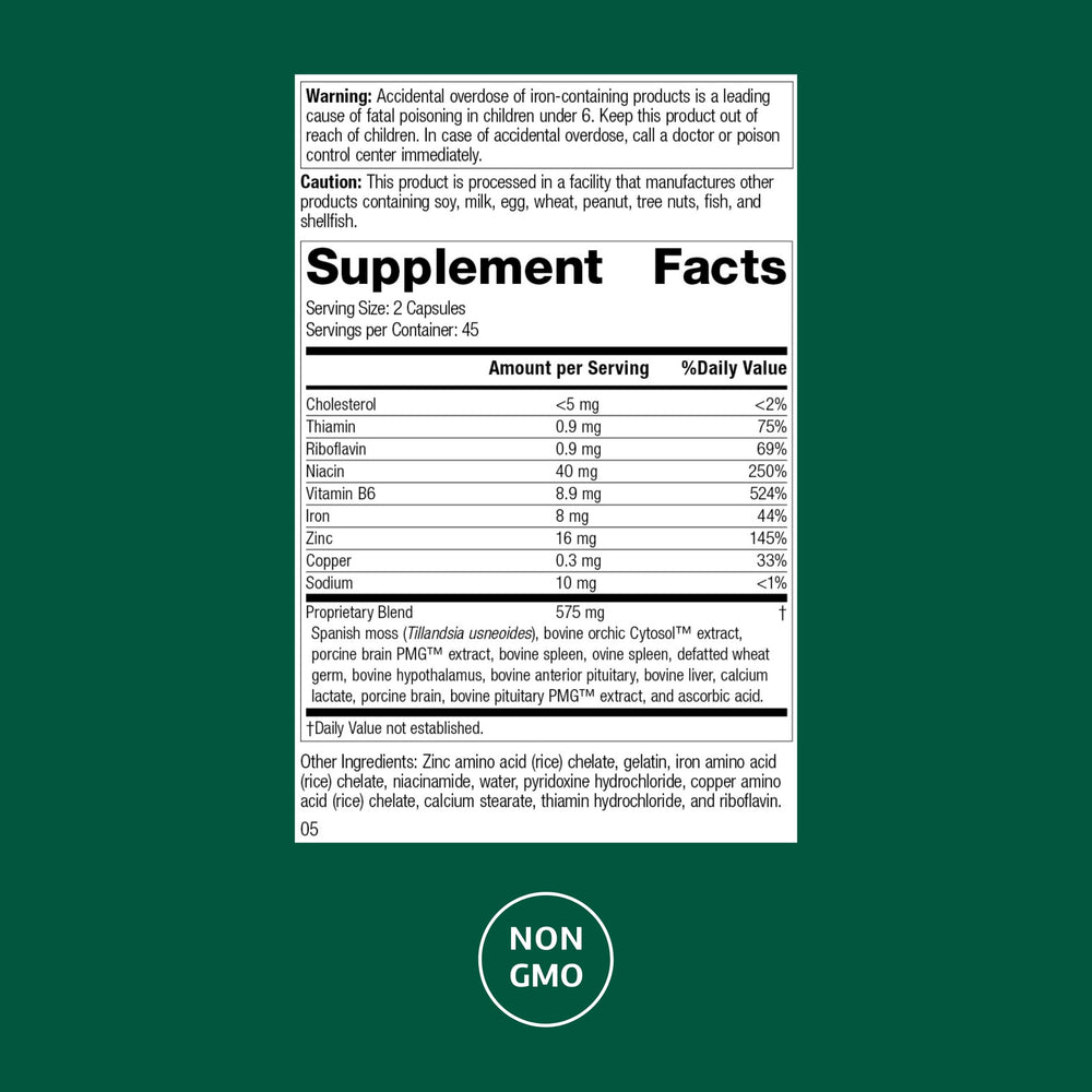 Standard Process Neuroplex bottle label close-up emphasizes vitamins and minerals