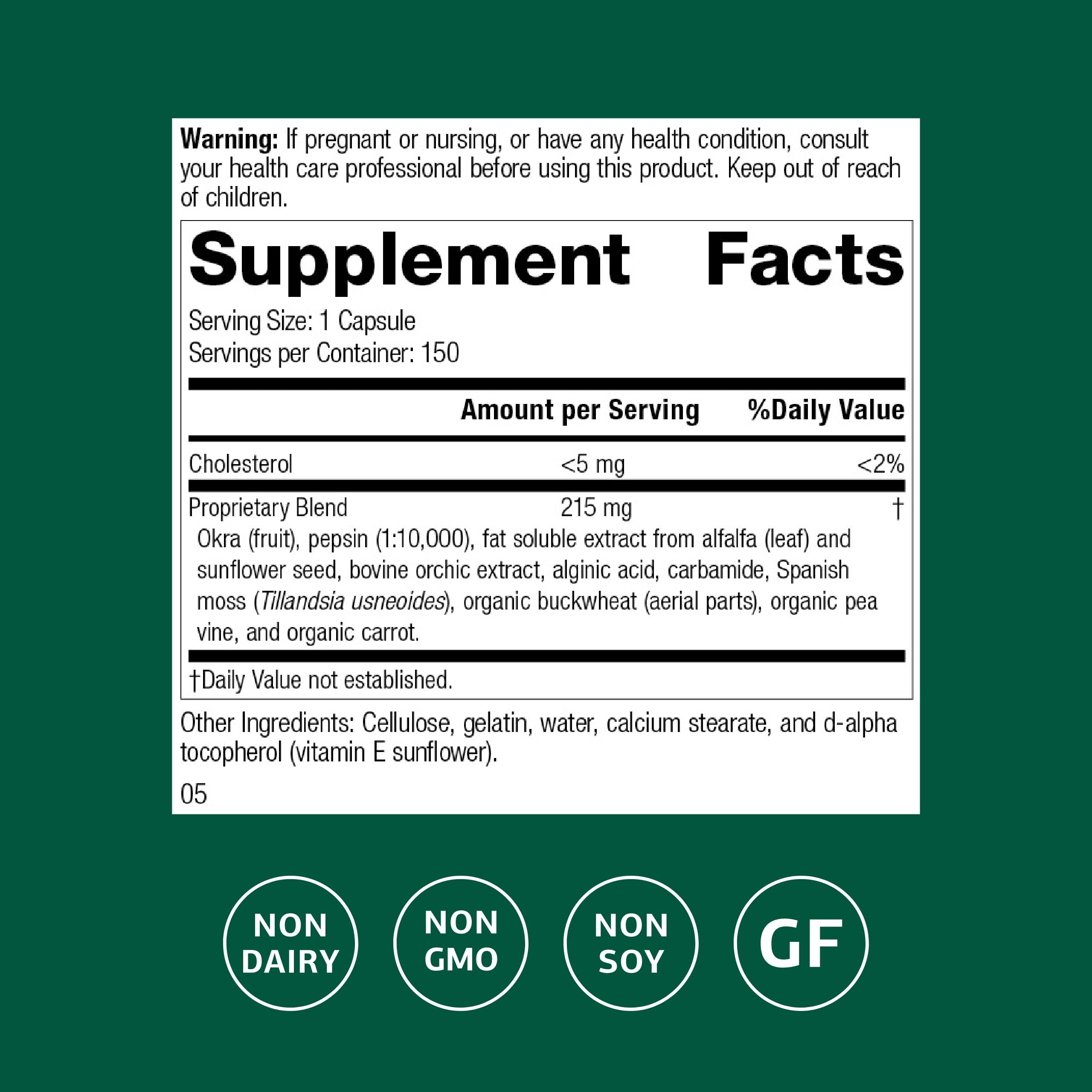 Standard Process Okra Pepsin E3 label shows gluten-free and dairy-free suitability for sensitive diets.