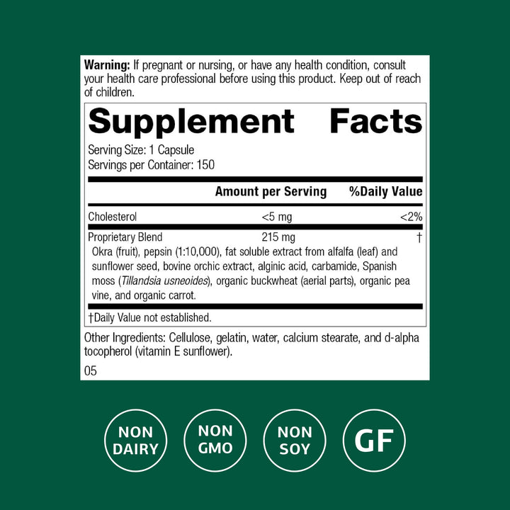 Standard Process Okra Pepsin E3 label shows gluten-free and dairy-free suitability for sensitive diets.