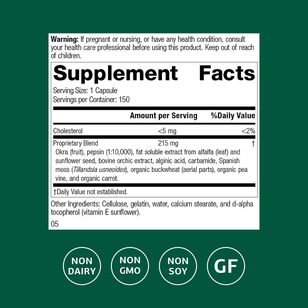 Standard Process Okra Pepsin E3 label shows gluten-free and dairy-free suitability for sensitive diets.