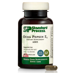 Standard Process Okra Pepsin E3 bottle label highlights digestion support.