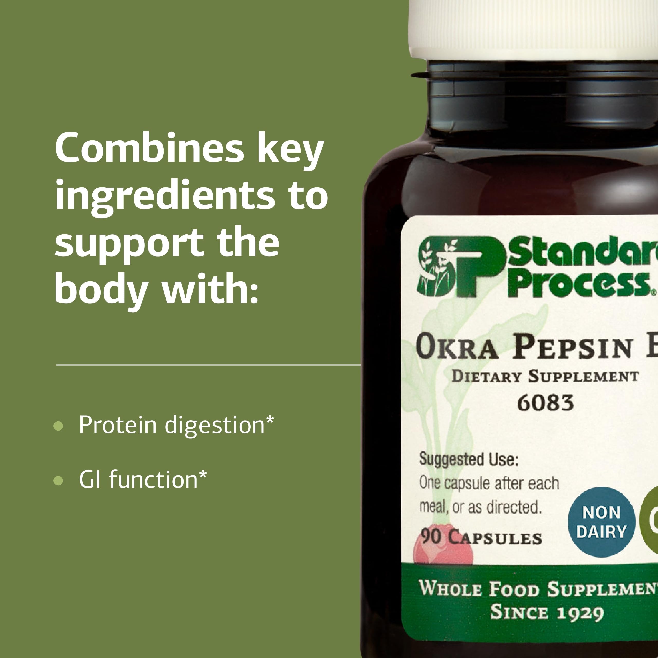Okra Pepsin E3 packaging highlights gluten-free, dairy-free, and soy-free attributes.