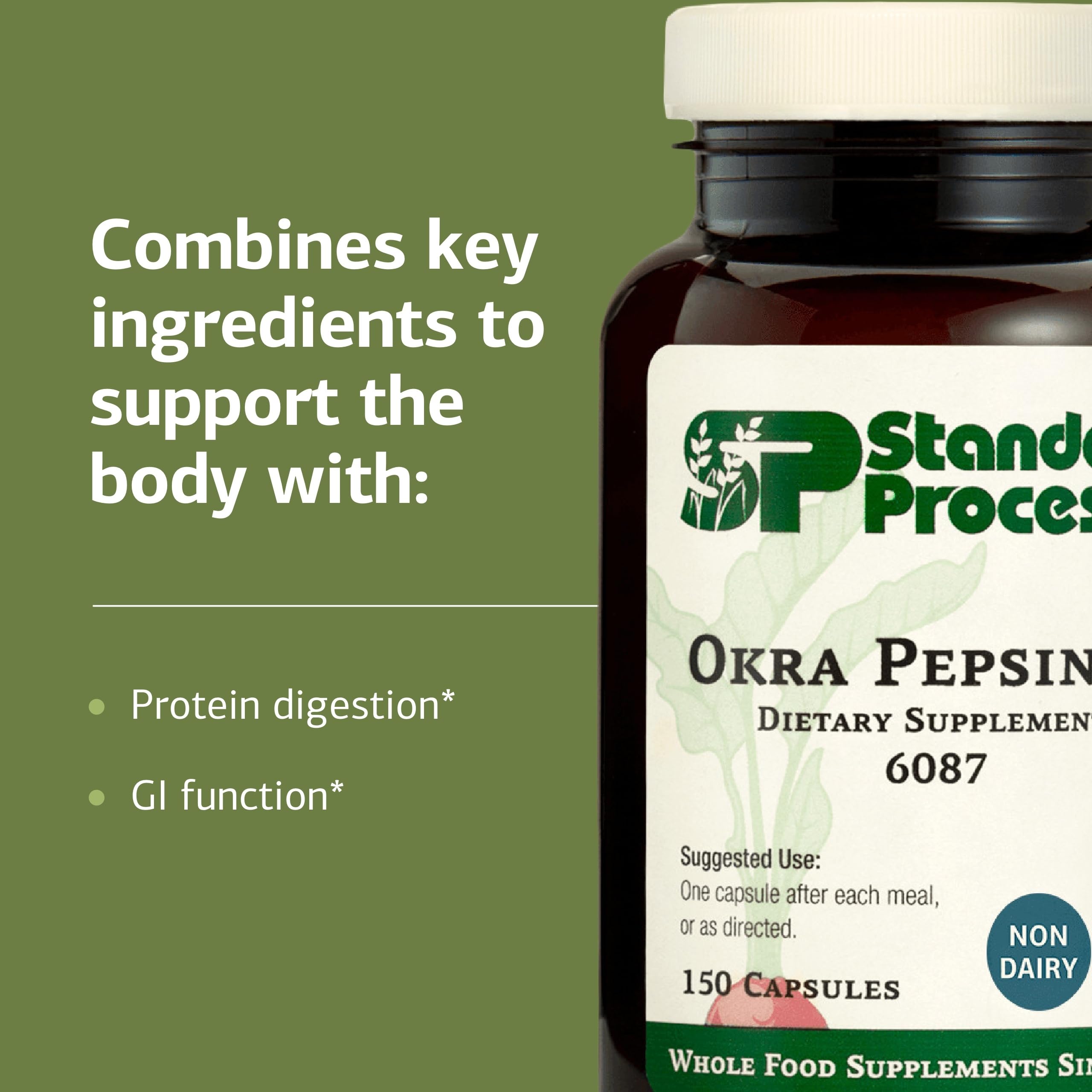 Okra Pepsin E3 powder close-up highlighting natural ingredients for gut wellness.