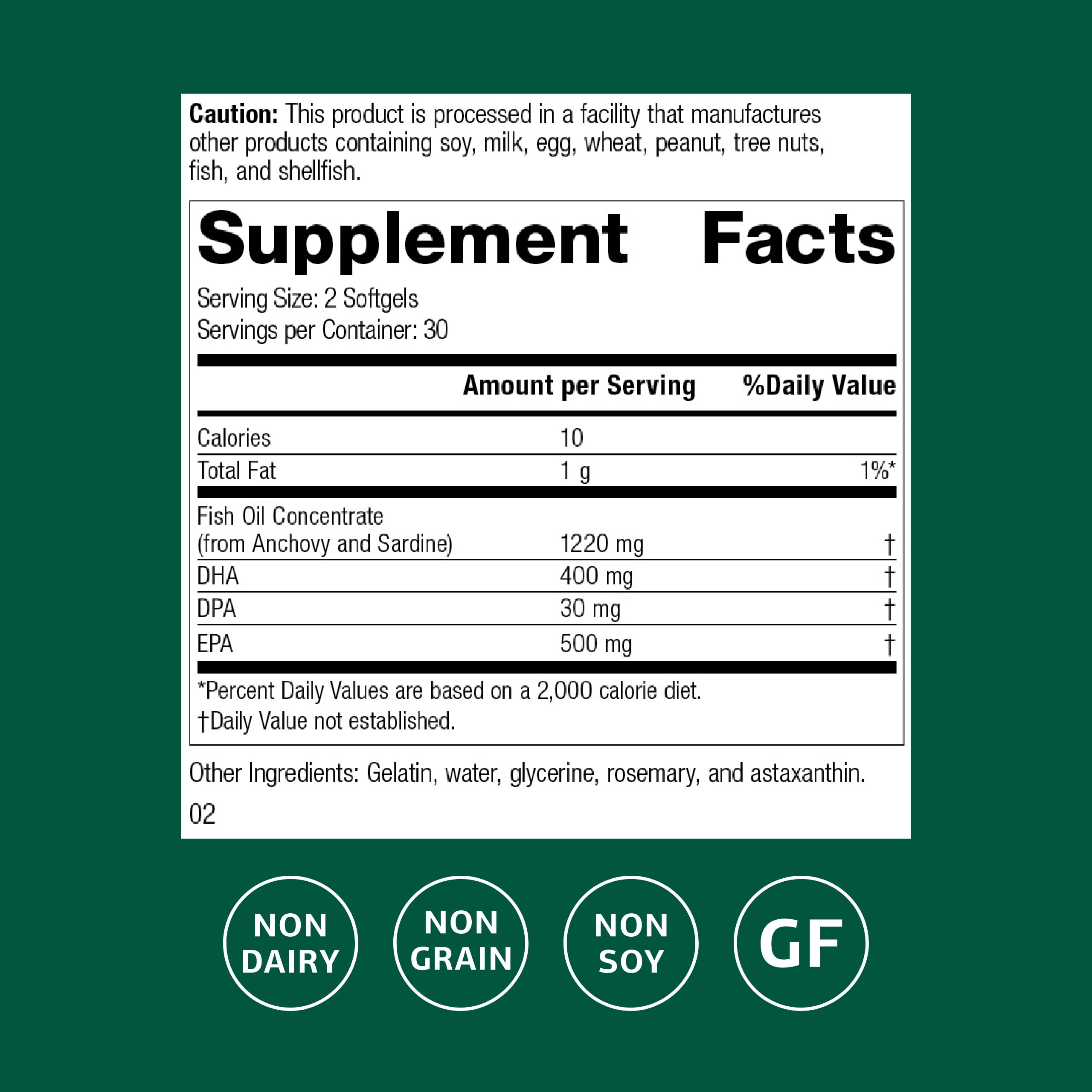 Standard Process Olprima EPA|DHA bottle side displays supplement facts and gluten-free, dairy-free attributes.