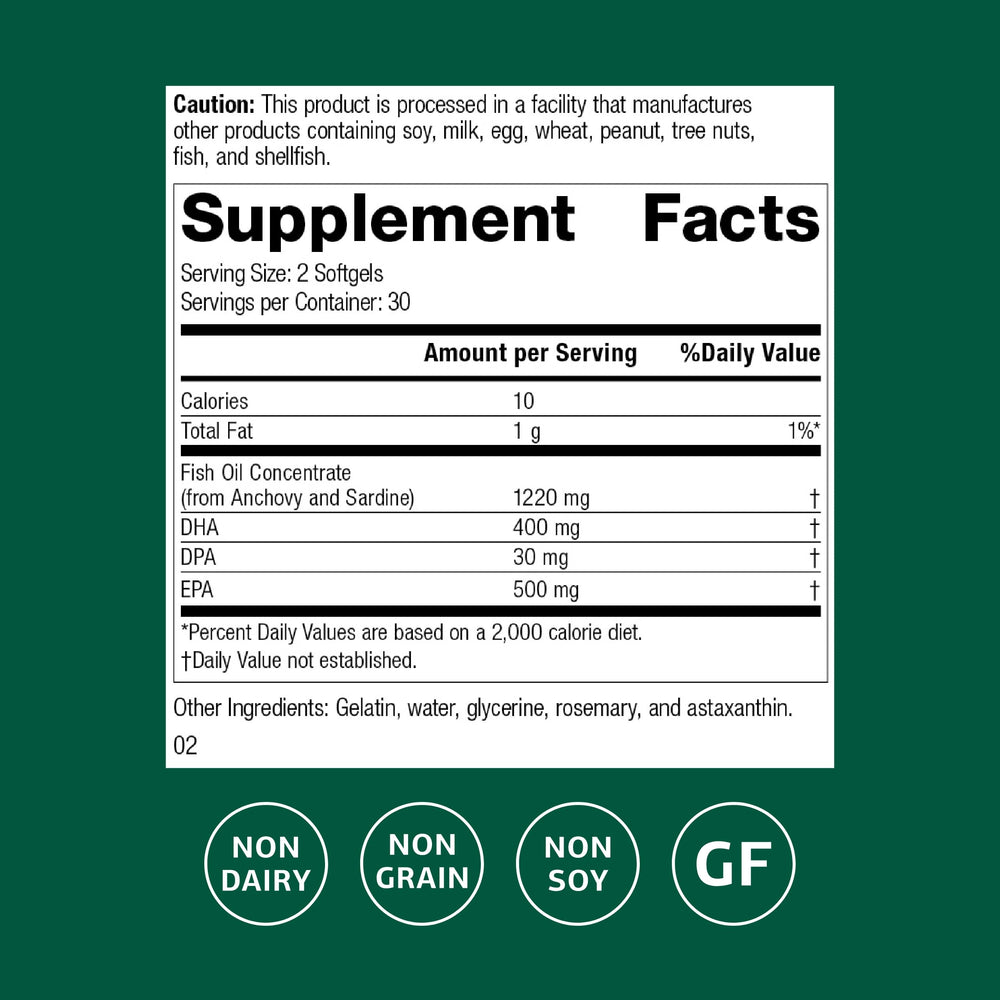 Standard Process Olprima EPA|DHA bottle side displays supplement facts and gluten-free, dairy-free attributes.