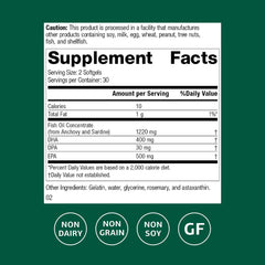 Standard Process Olprima EPA|DHA bottle side displays supplement facts and gluten-free, dairy-free attributes.