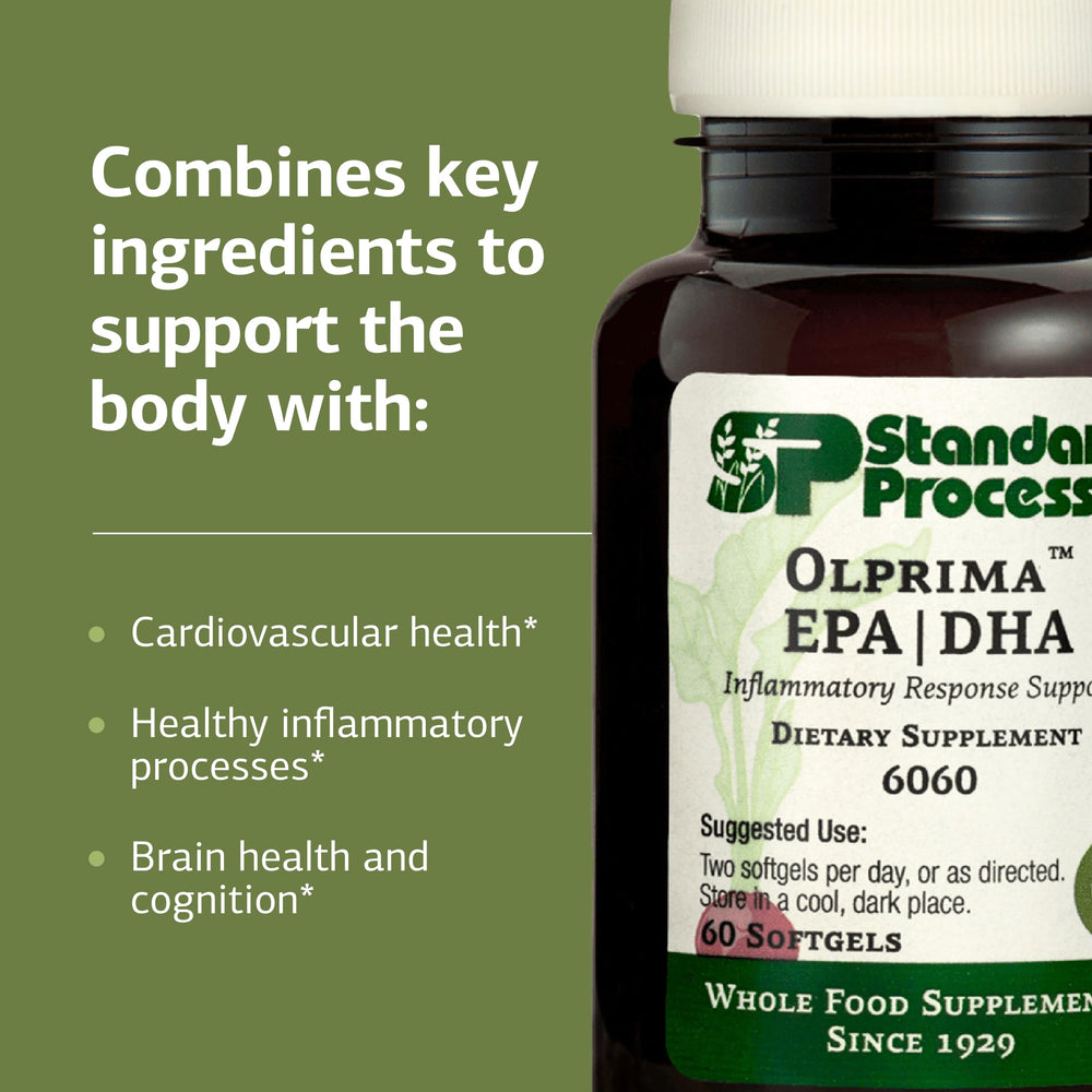 Standard Process Olprima EPA|DHA label detail emphasizes 55:45 EPA to DHA ratio.