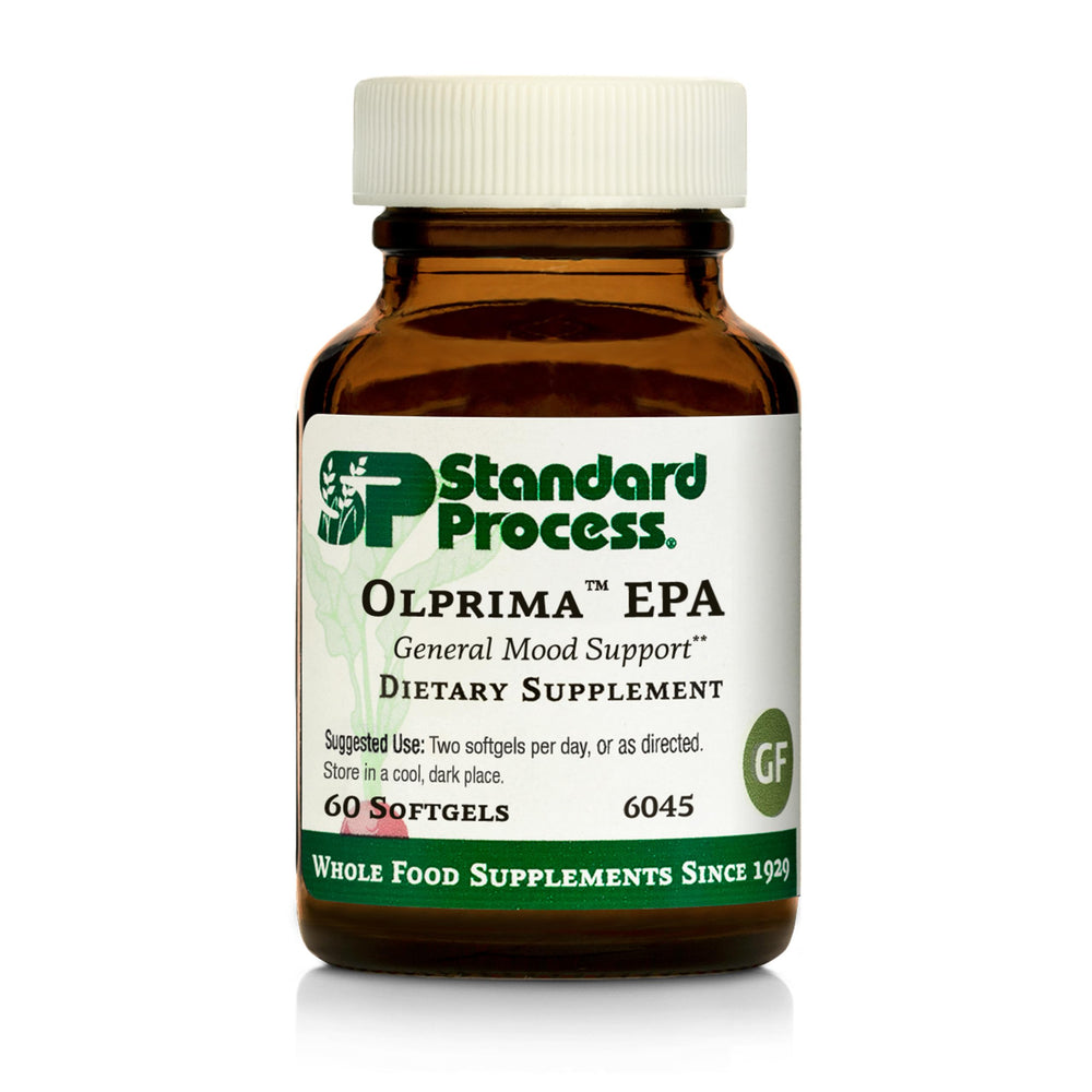 Standard Process Olprima EPA softgels bottle showing omega-3 support for inflammation balance.