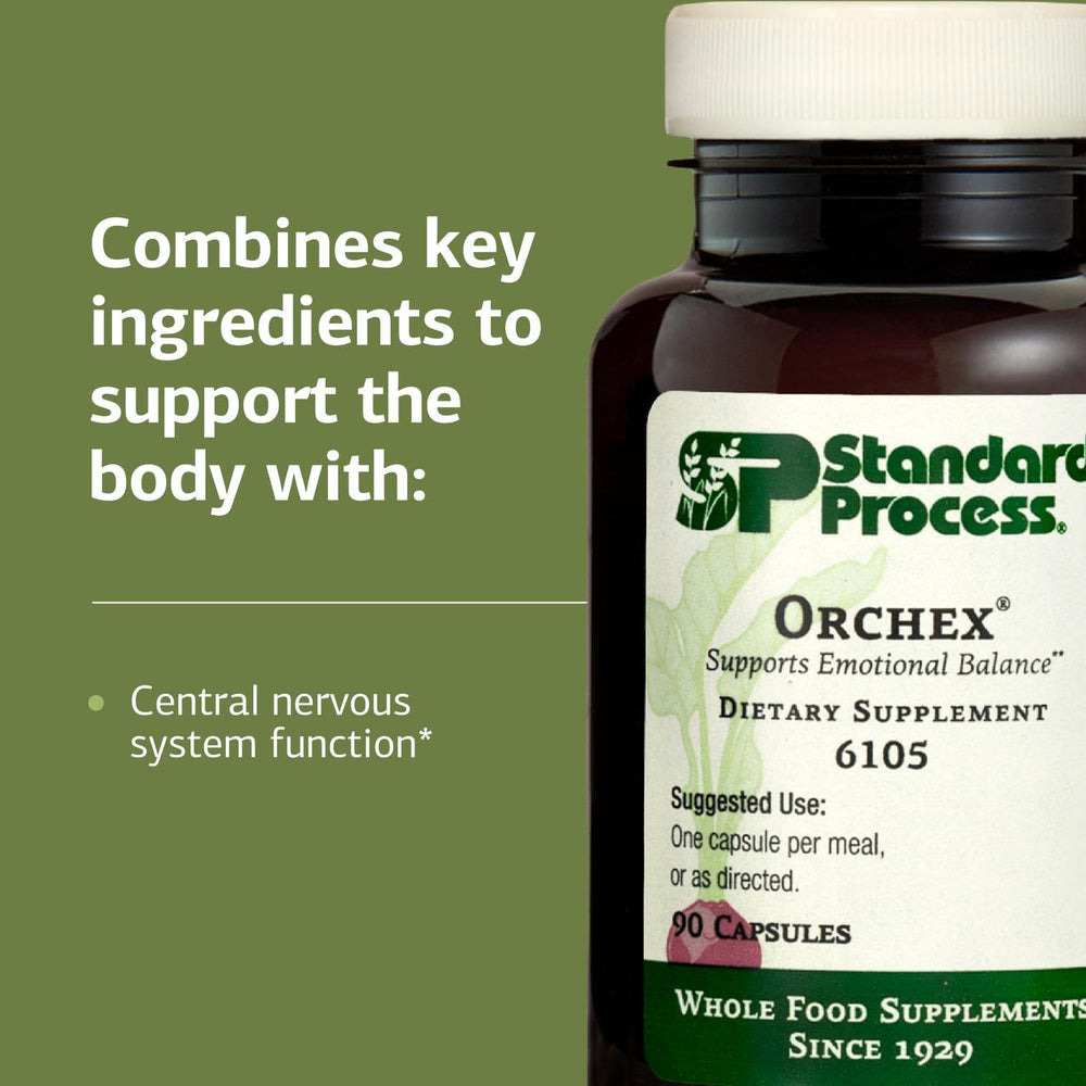 Standard Process Orchex capsules poured to show daily serving size and texture