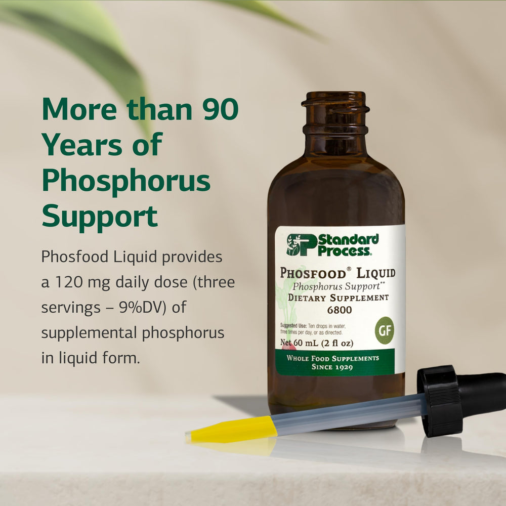 Standard Process Phosfood Liquid dropper releasing ten drops precisely.