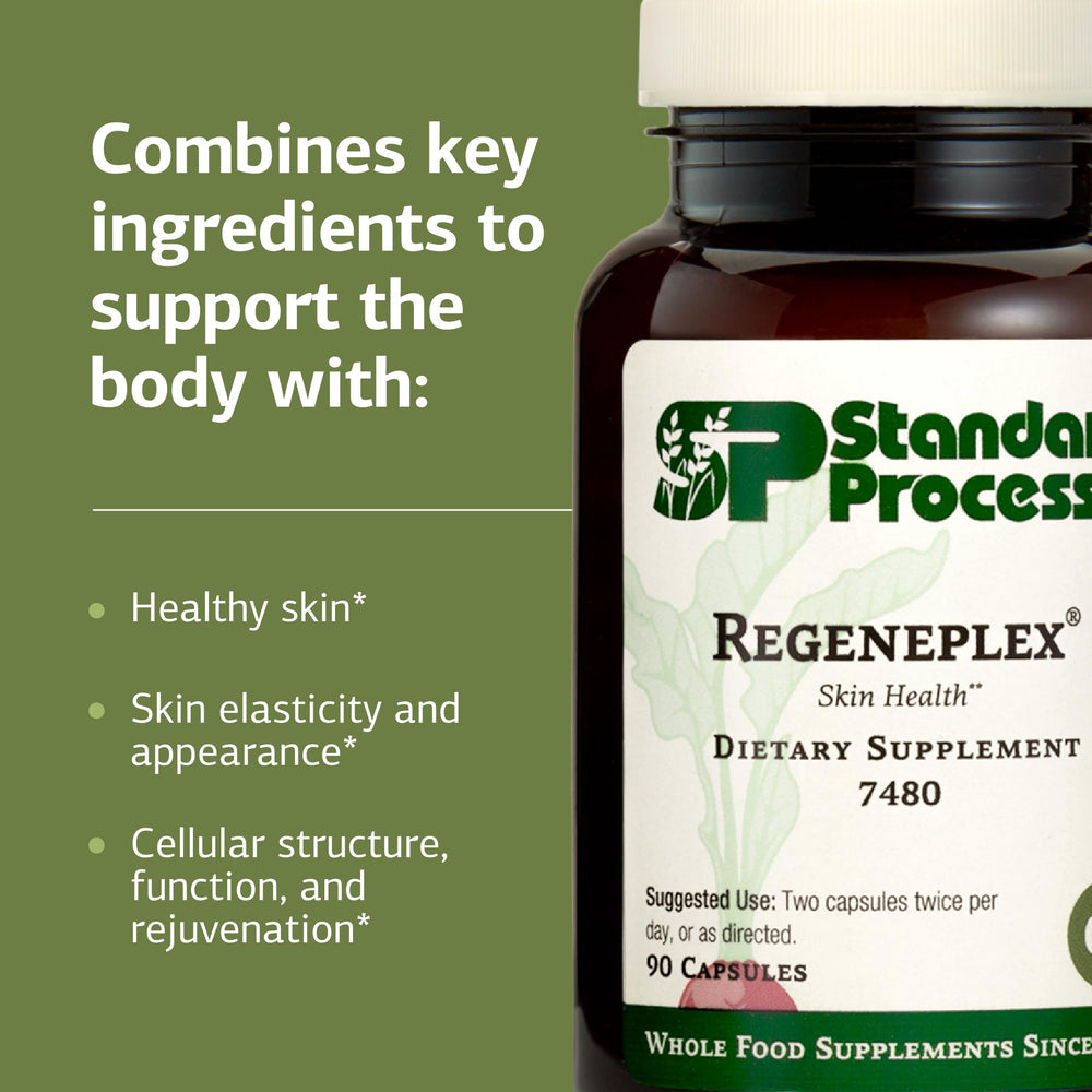 Regeneplex bottle displays 45 servings for a steady skin health routine