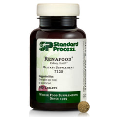 Standard Process Renafood bottle front view highlighting kidney function support and antioxidant ingredients.