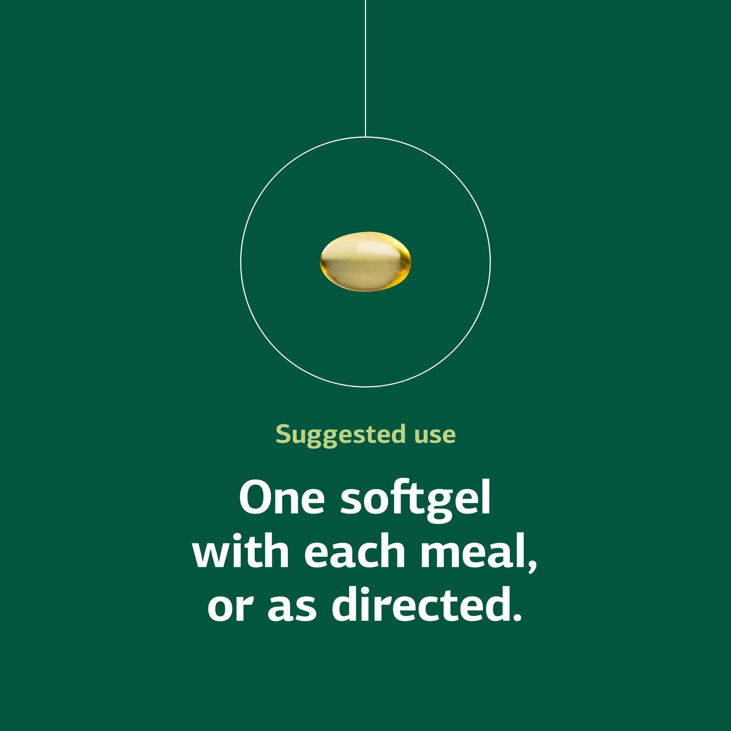 Dosage instruction image emphasizing one softgel per meal