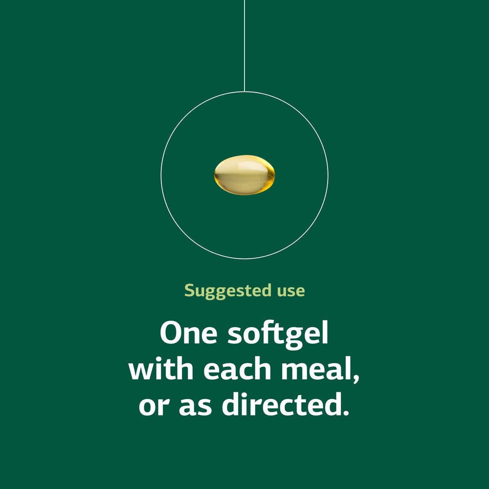 Dosage instruction image emphasizing one softgel per meal