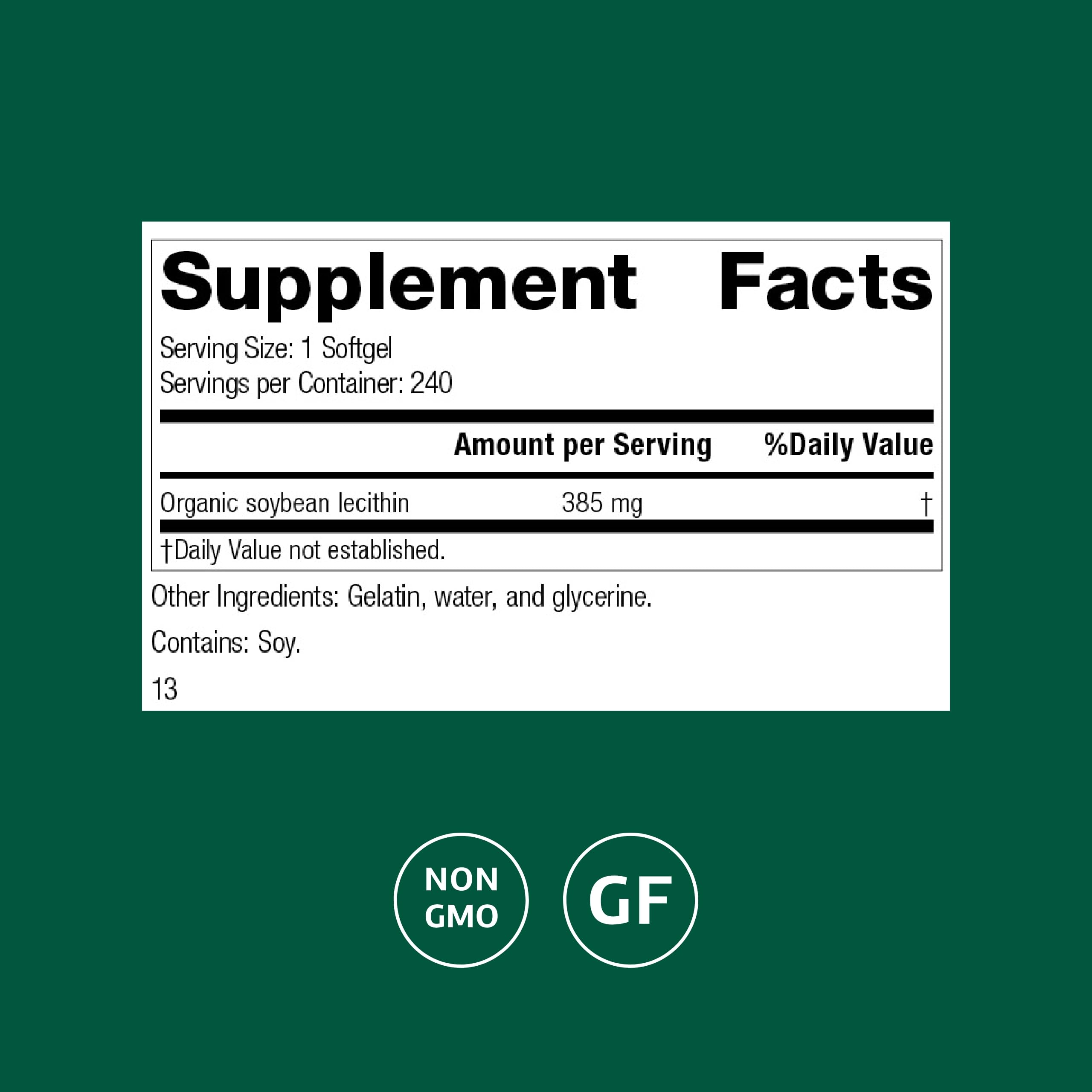 Standard Process Soybean Lecithin dosage image shows three softgels per serving.