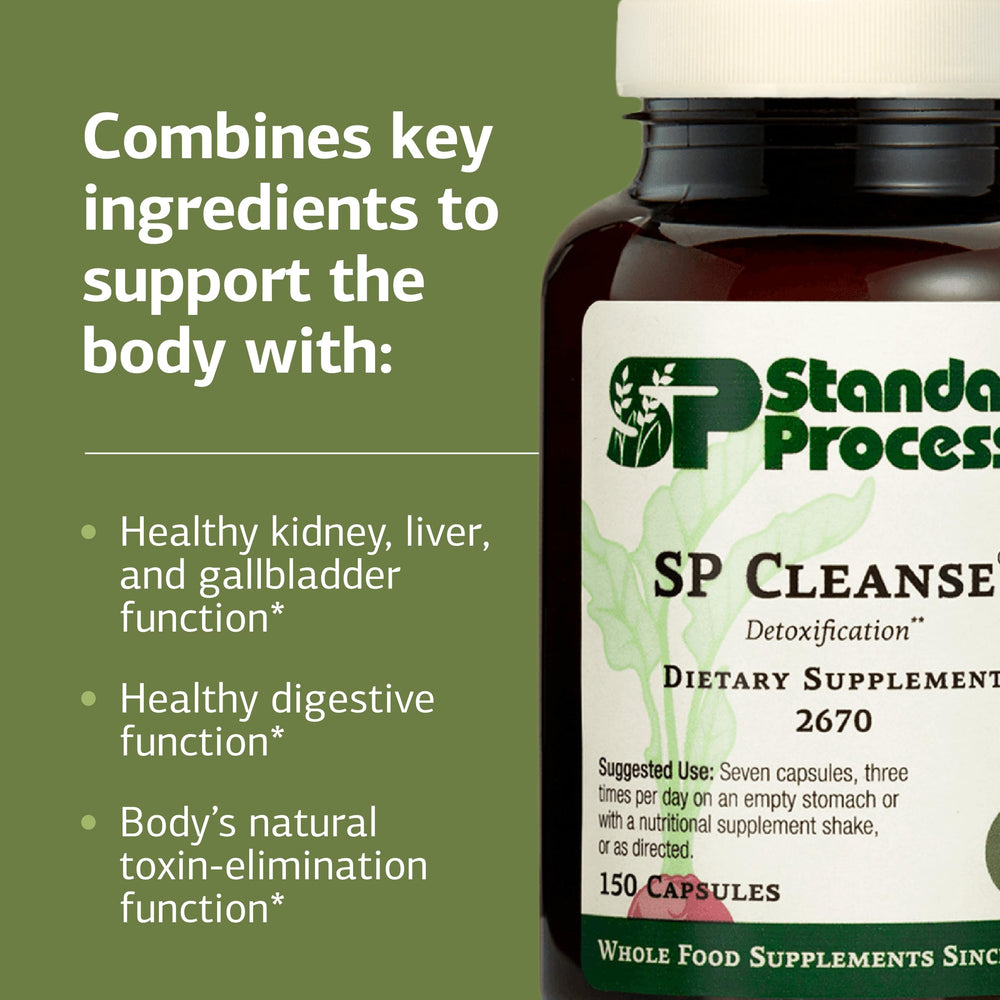 Standard Process SP Cleanse seven capsules shown for the daily dosing routine.