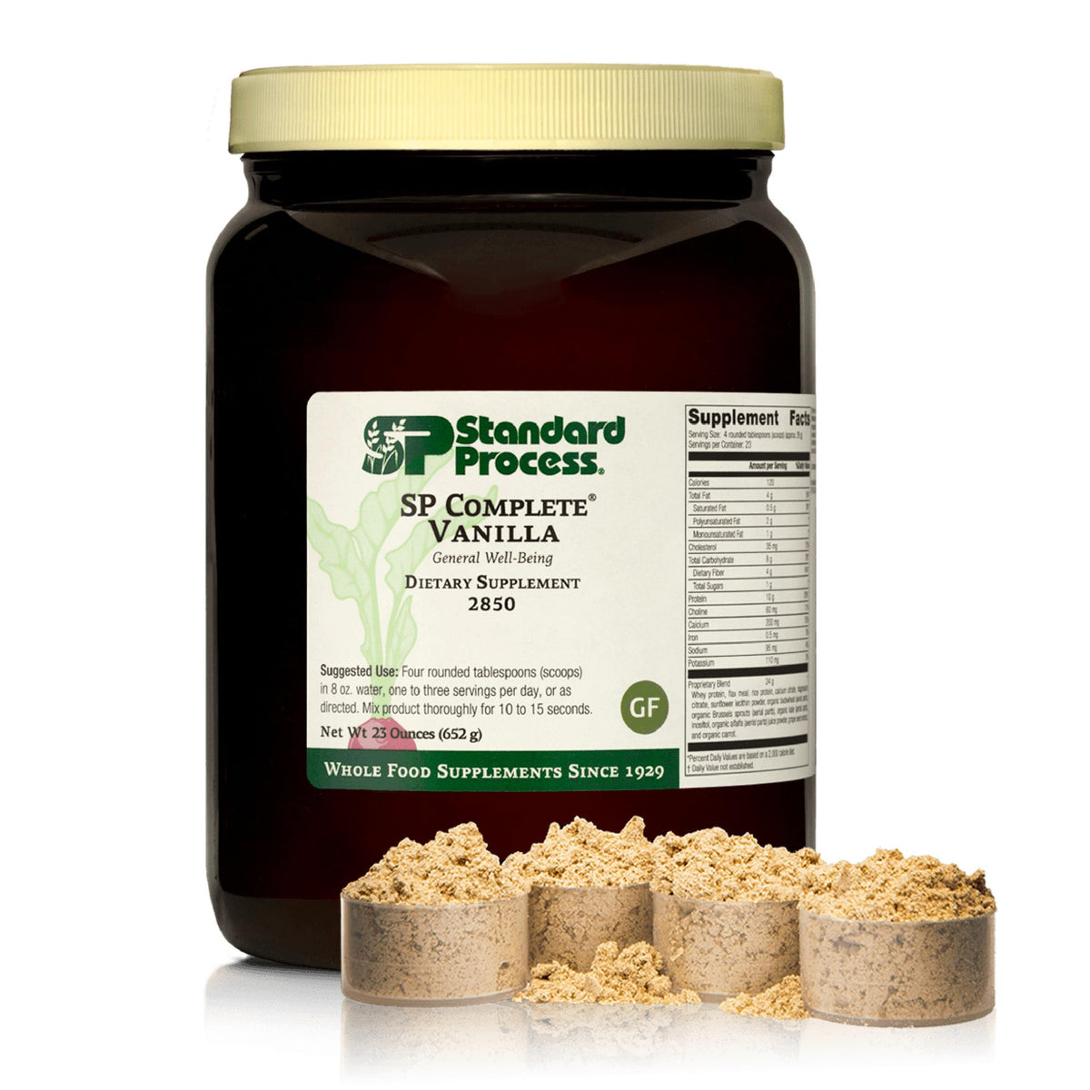 Standard Process SP Complete vanilla bottle shown for daily nutrition and quality protein.