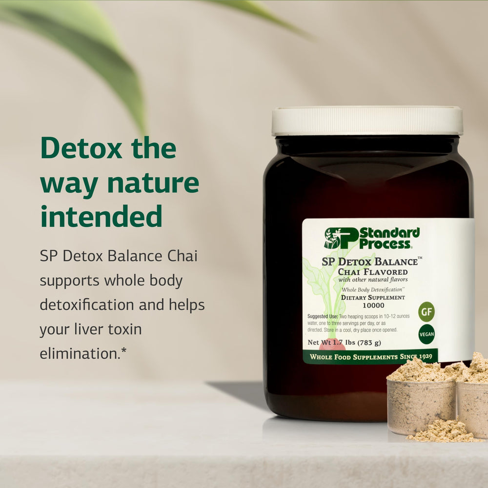 Close-up of SP Detox Balance Chai powder texture for gluten-free dairy-free formula