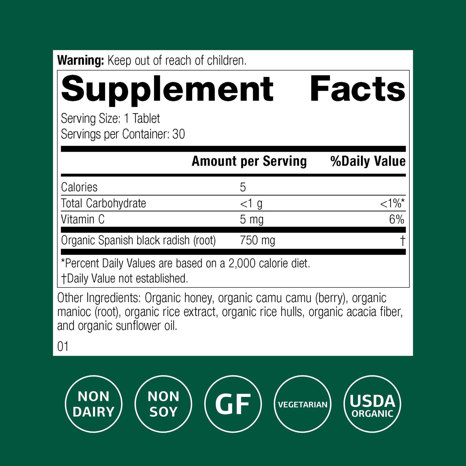 Standard Process Spanish Black Radish tablets closeup highlighting texture for digestion support.