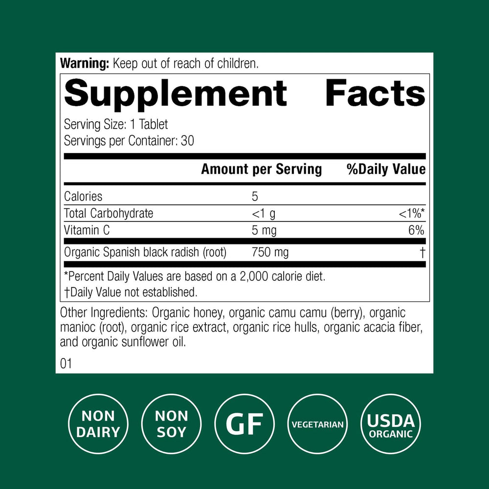Standard Process Spanish Black Radish tablets closeup highlighting texture for digestion support.