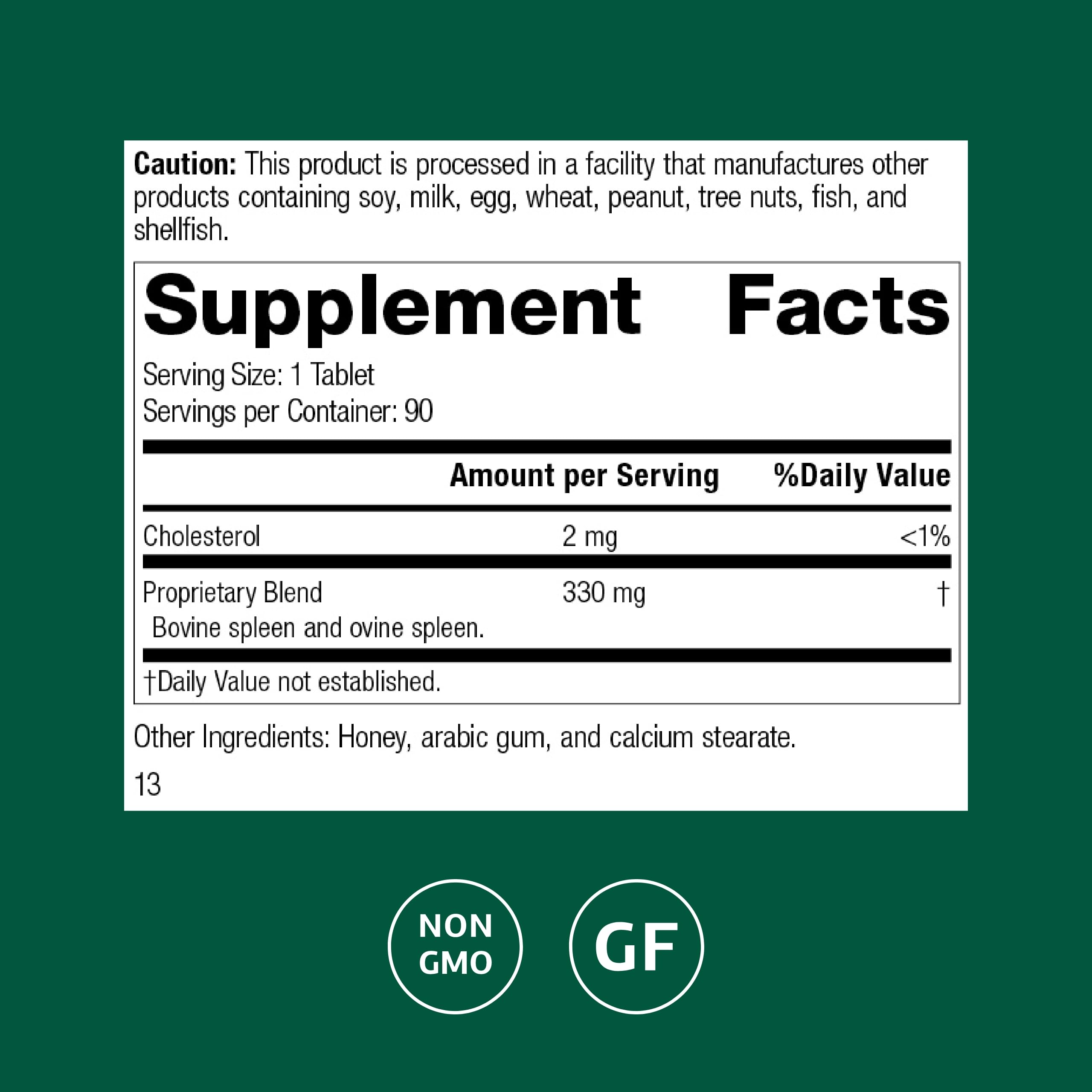 Close-up of Standard Process Spleen Desiccated label highlighting the proprietary blend.