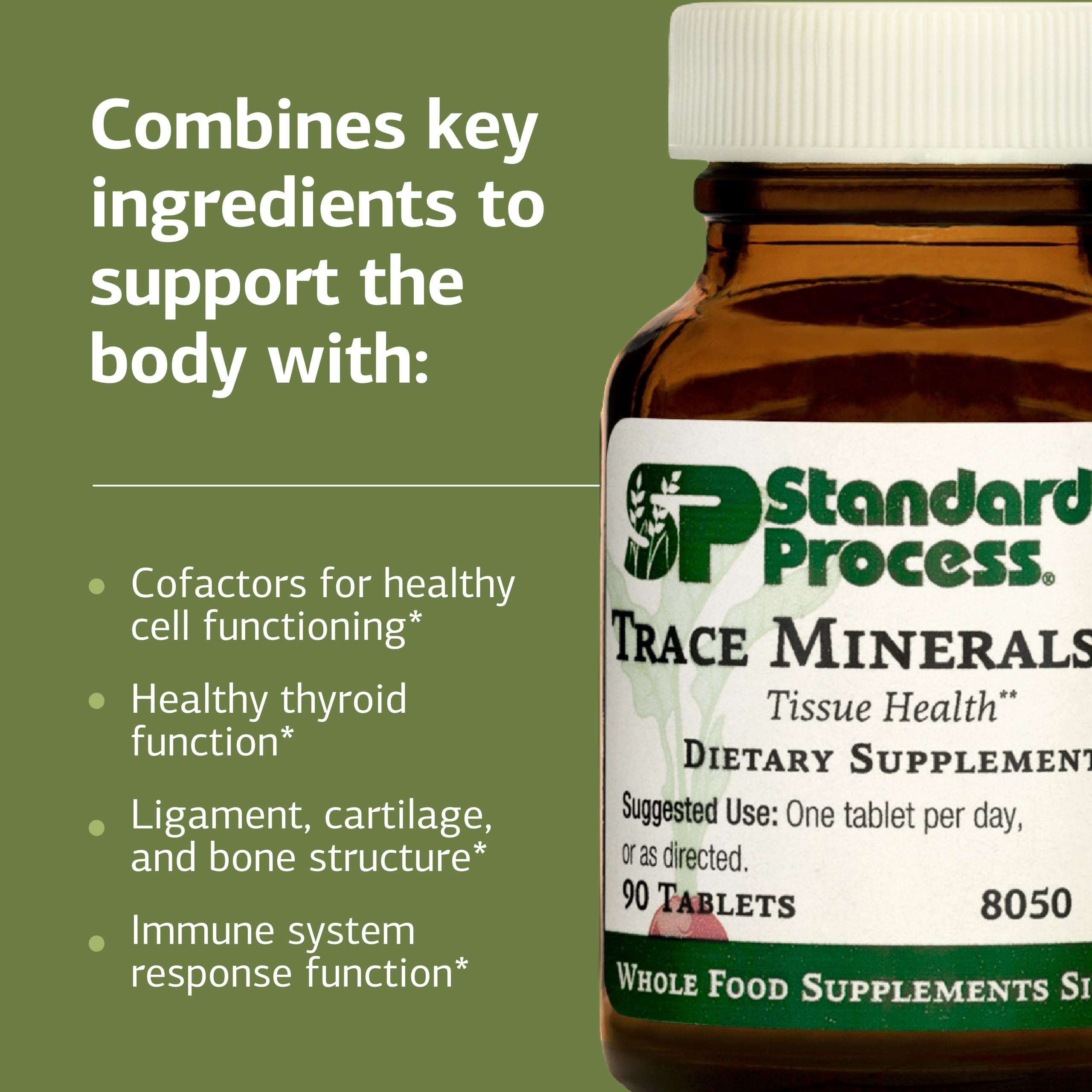 Standard Process Trace Minerals-B12 bottle with daily dosage directions visible.