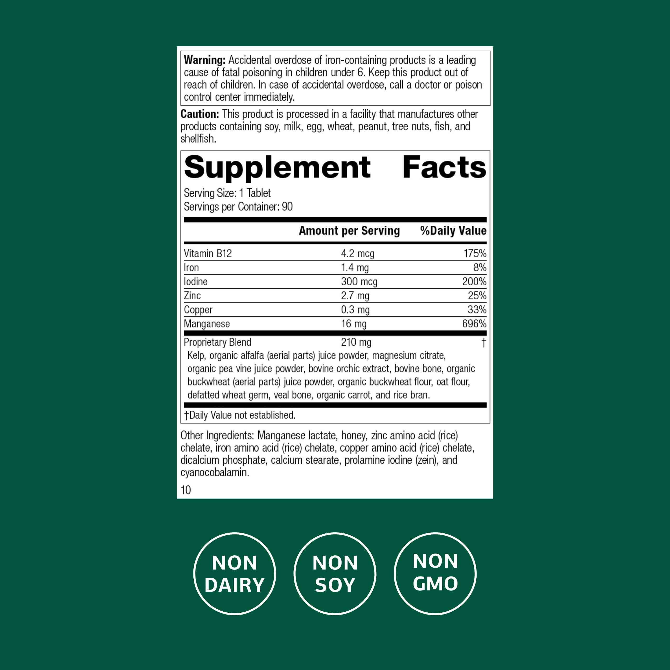 Standard Process Trace Minerals-B12 ingredient label highlighting iodine, zinc, and copper benefits.
