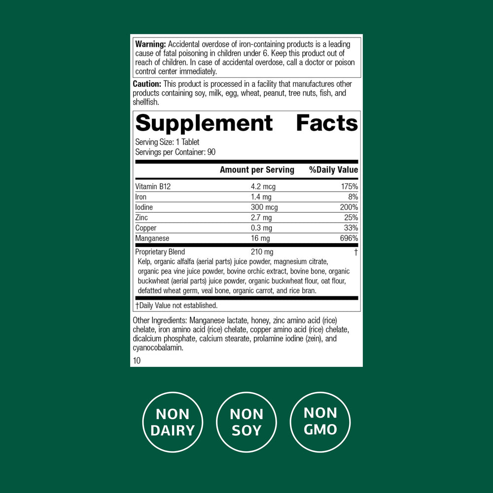 Standard Process Trace Minerals-B12 ingredient label highlighting iodine, zinc, and copper benefits.
