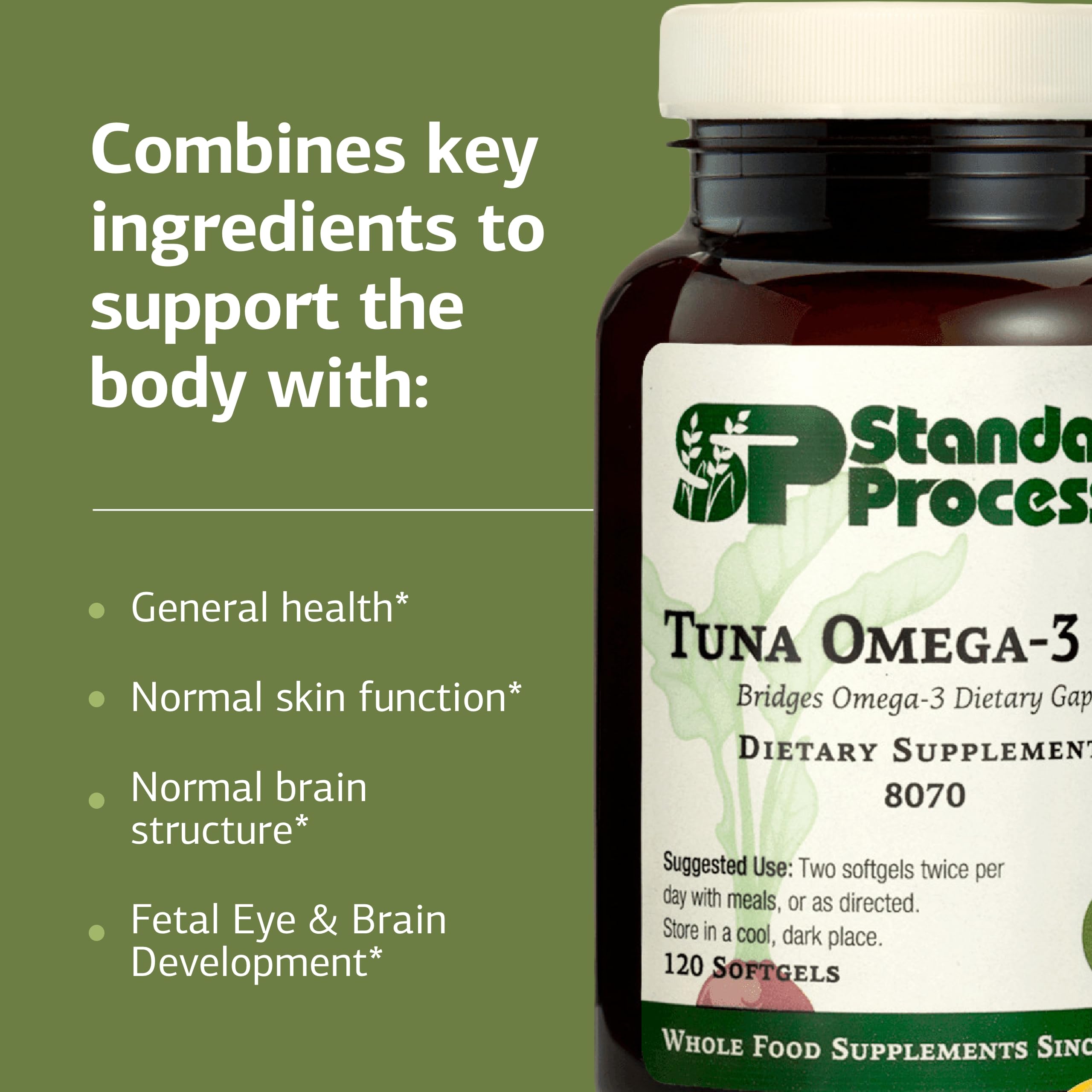 Standard Process Tuna Omega-3 Oil dosage guides two softgels twice daily