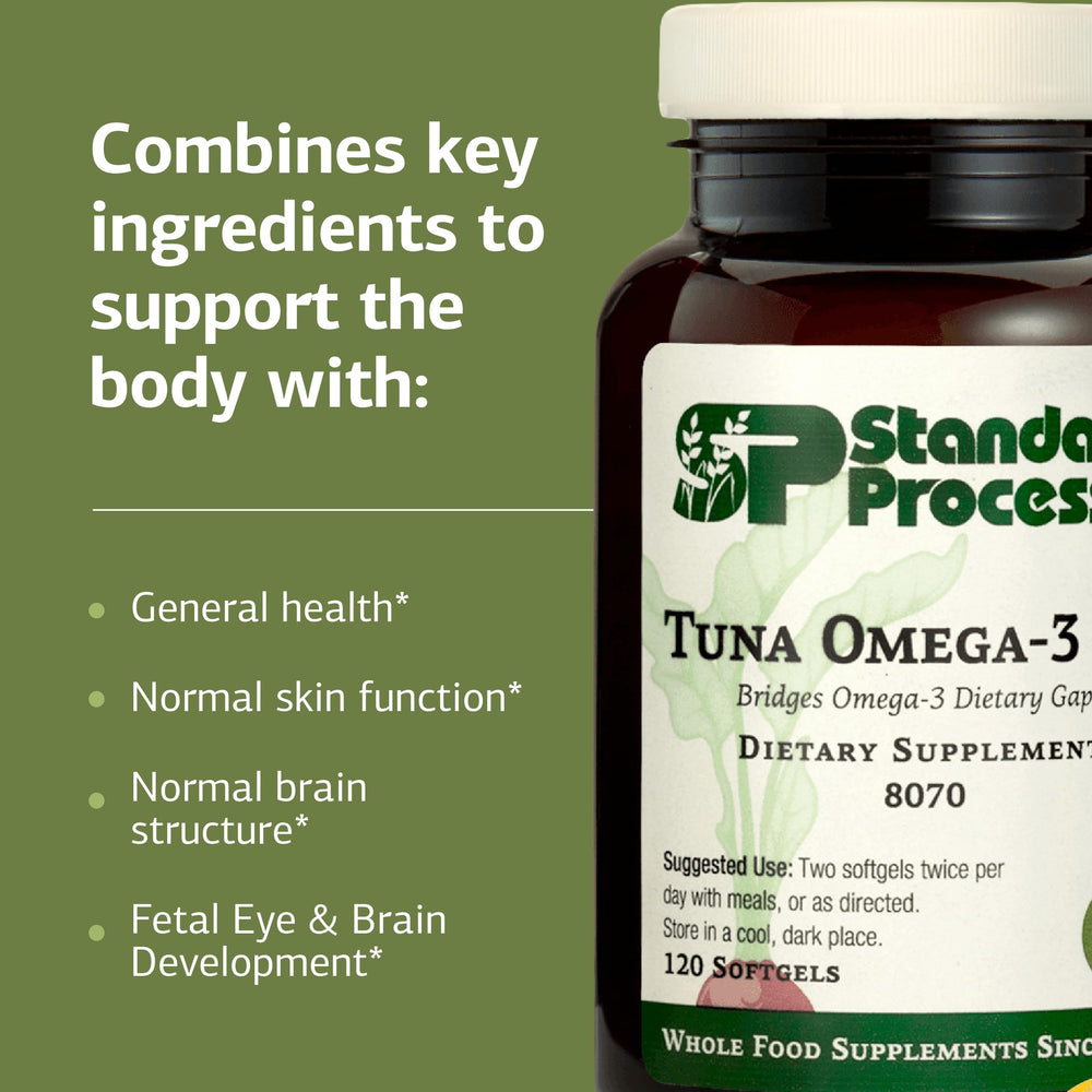 Standard Process Tuna Omega-3 Oil dosage guides two softgels twice daily
