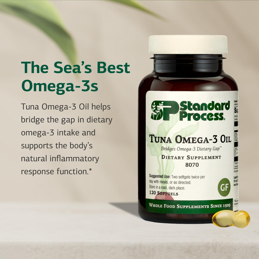 Standard Process Tuna Omega-3 Oil label highlights EPA and DHA content