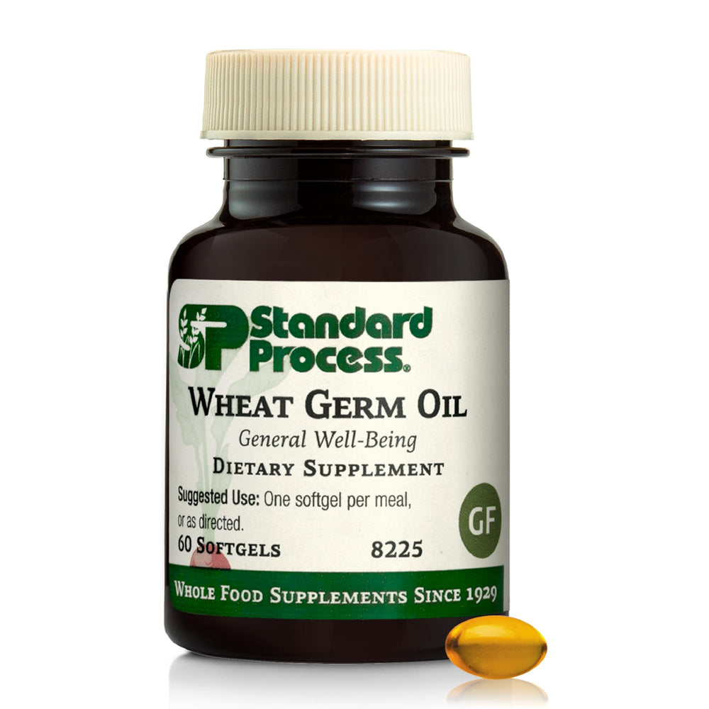 Standard Process Wheat Germ Oil bottle displaying premium packaging for daily antioxidant support.