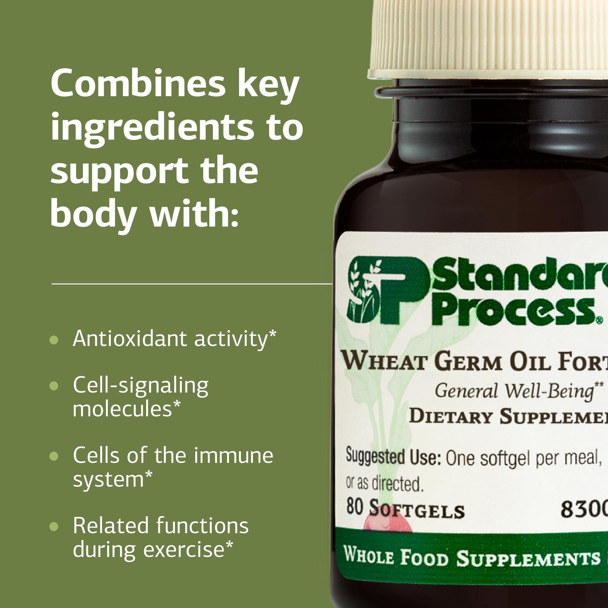 Glass bottle of Standard Process Wheat Germ Oil Fortified on a kitchen counter for daily routine.