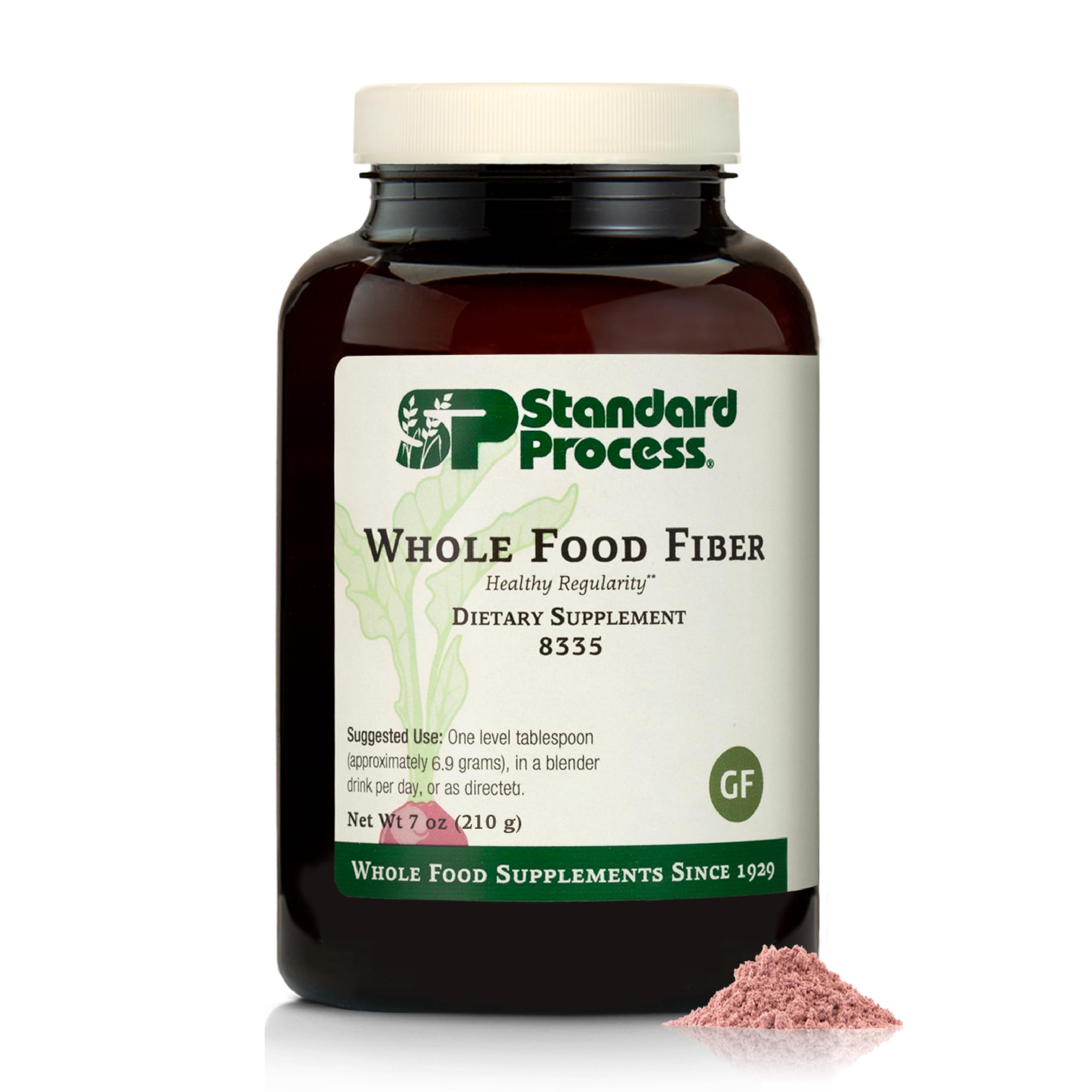 Standard Process Whole Food Fiber tub front label highlighting vegan and gluten-free features.